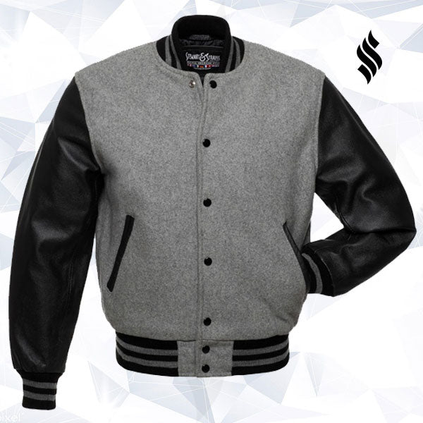 Men’s Grey Wool and Black Leather Varsity Jacket | Classic Letterman Outerwear | Full Grain Apparel
