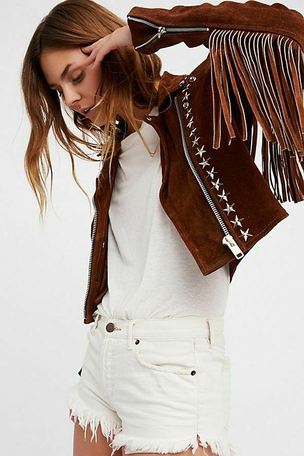 Women’s Handmade Brown Fringe Stud Suede Biker Jacket | Full Grain Apparel