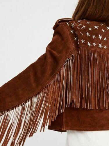 Women’s Handmade Brown Fringe Stud Suede Biker Jacket | Full Grain Apparel