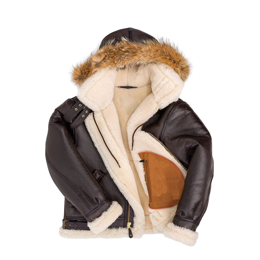 Men’s Shearling B3 Fur Hoodie Style Bomber Coat | Rugged Urban Arctic | Full Grain Apparel