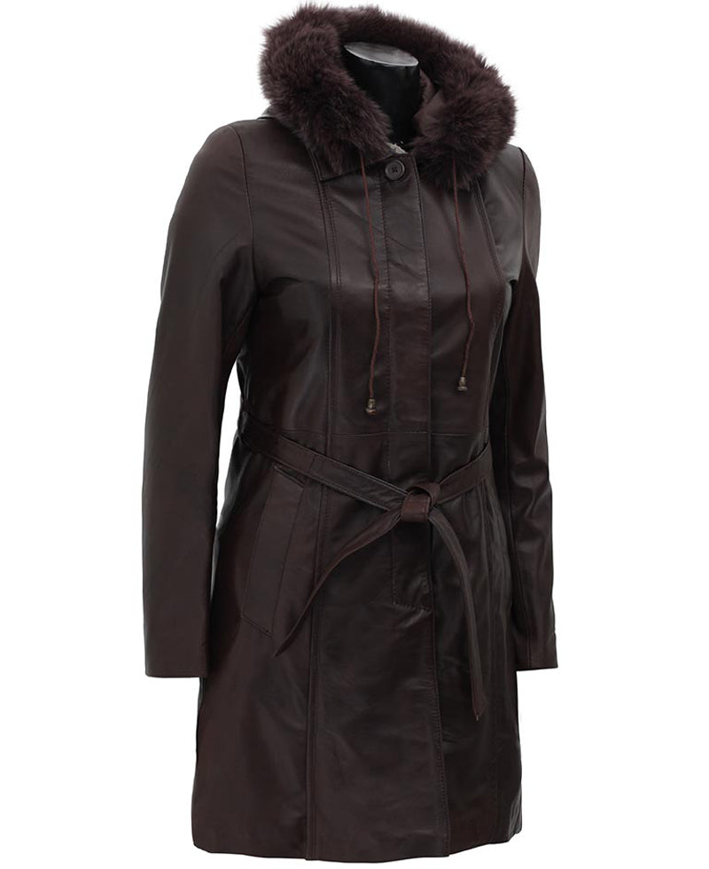 Women’s Dark Brown Leather Coat | Removable Fur Hood | Full Grain Apparel