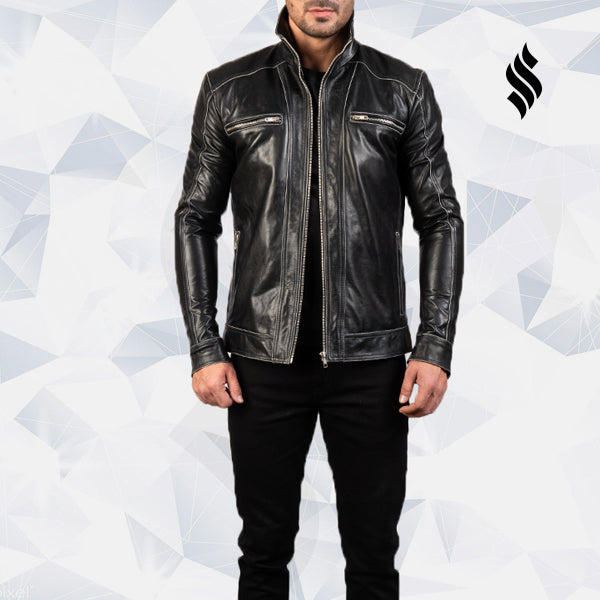 Men’s Hudson Black Leather Biker Jacket | Rugged Minimalist Edge | Full Grain Apparel