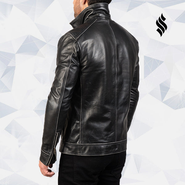 Chaqueta de motociclista Hudson de cuero negro para hombre | Estilo minimalista robusto | Prenda de cuero de plena flor