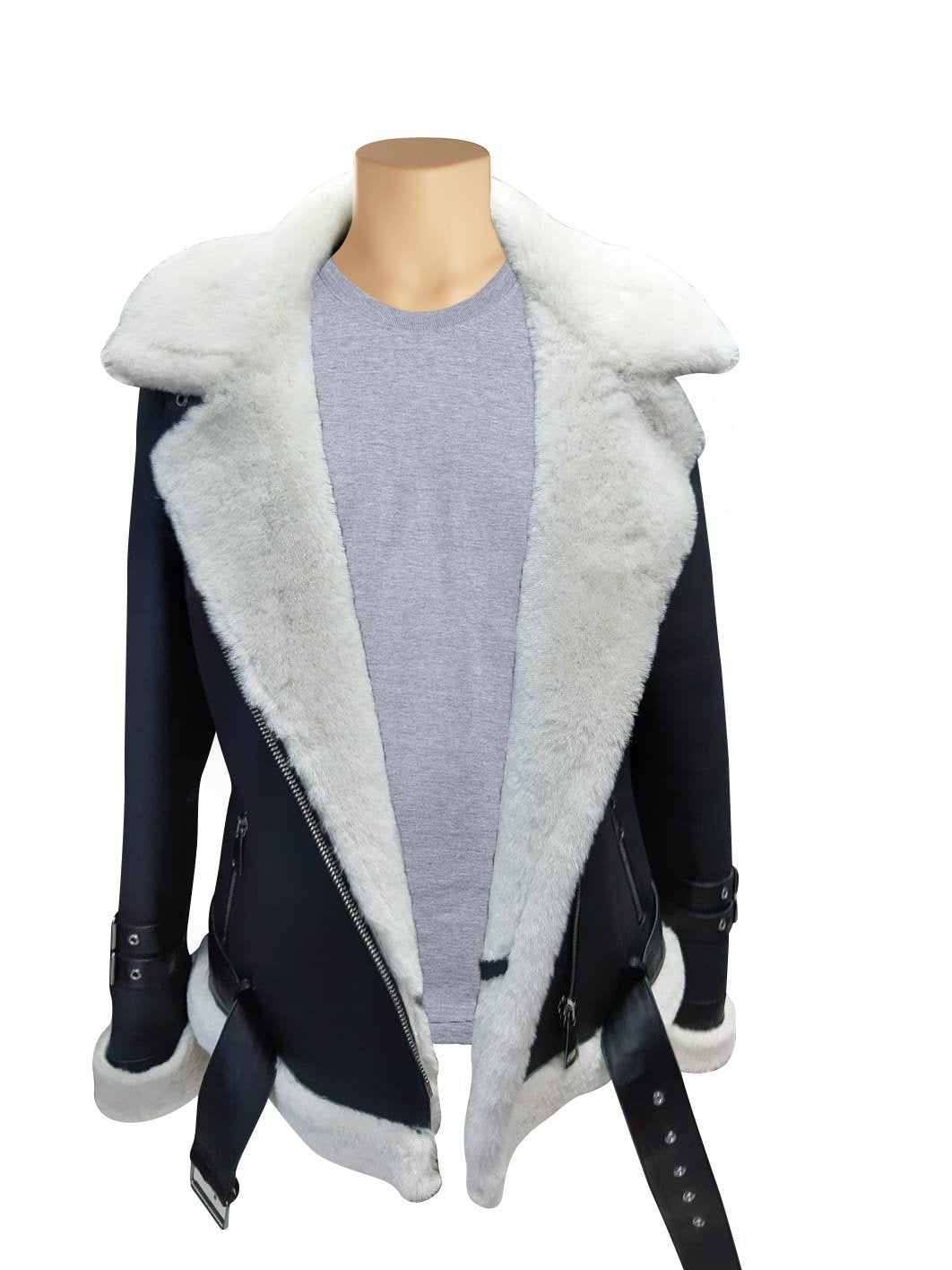 Women’s Jayne Black & White Sheepskin Biker Shearling Jacket | Full Grain Apparel