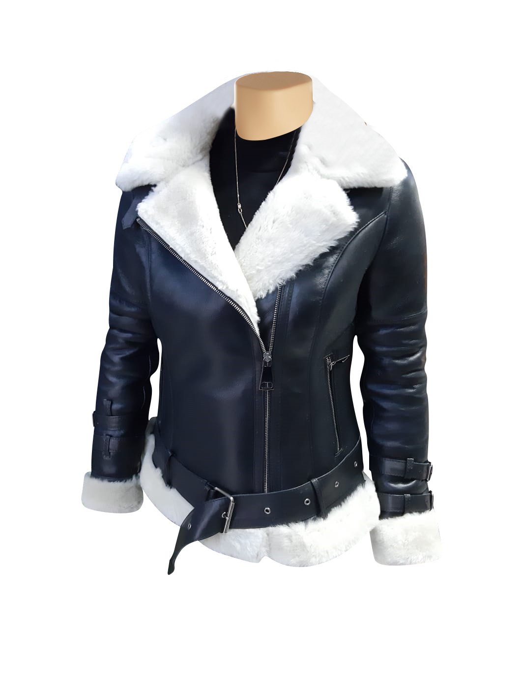 Women’s Jayne Black & White Sheepskin Biker Shearling Jacket | Full Grain Apparel