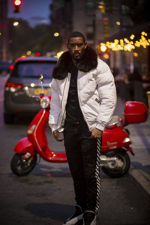 Chaqueta V-Bomber de cuero blanco para hombre | Ropa de piel plena flor