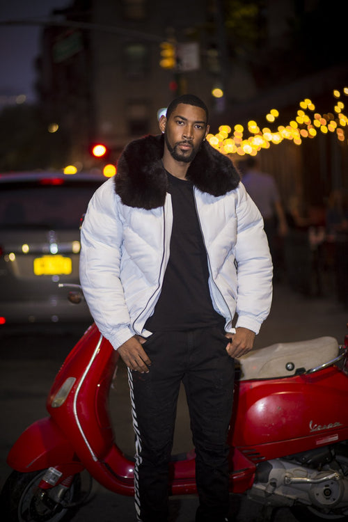 Men's White Leather V-Bomber Jacket | Full Grain Apparel