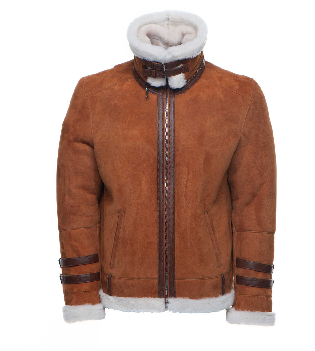 Men's Hagan’s Tan Aviator Shearling Jacket | Spanish Merino Suede | Full Grain Apparel