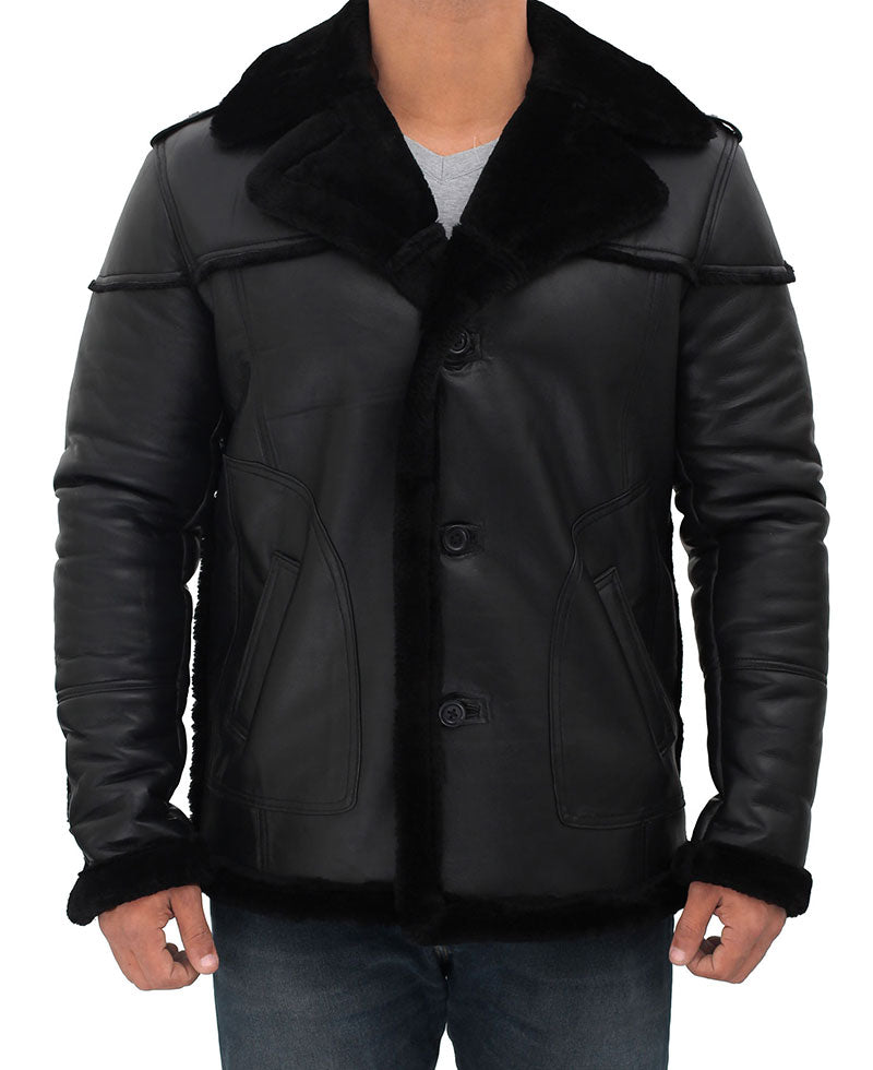 Men’s Black Shearling Leather Winter Jacket | Full Grain Apparel