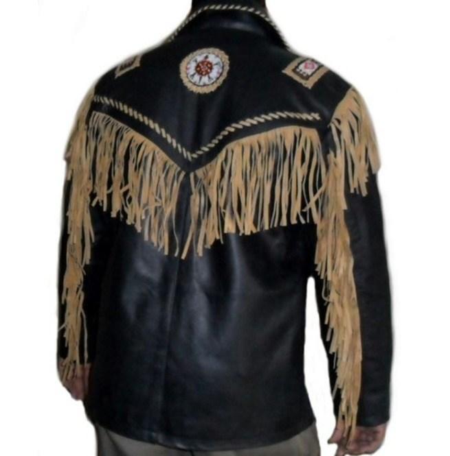 Men’s Handmade Black & Beige Western Fringe Leather Jacket | Full Grain Apparel