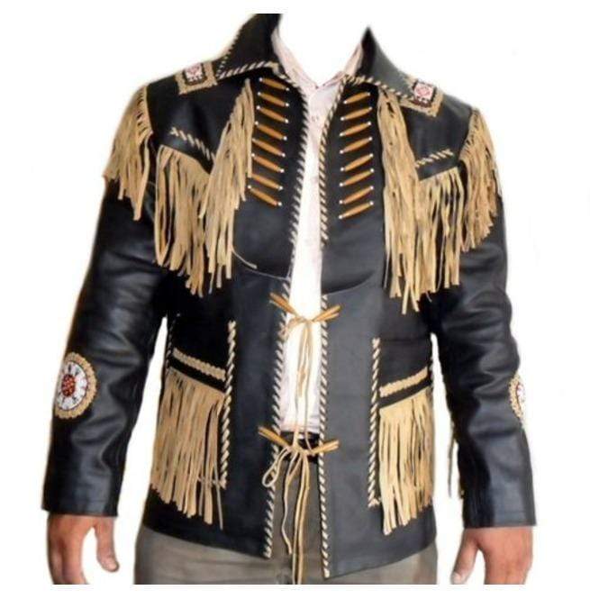 Men’s Handmade Black & Beige Western Fringe Leather Jacket | Full Grain Apparel