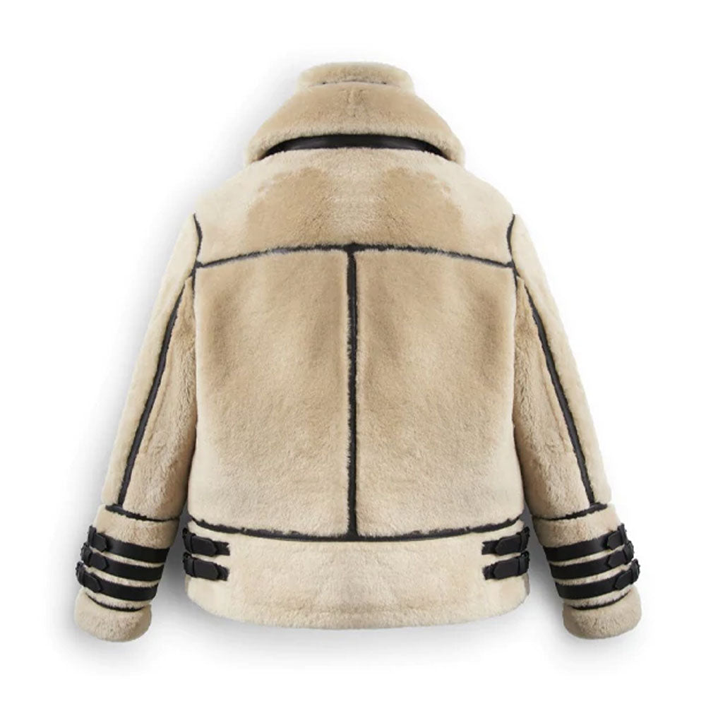 Chaqueta de piel de borrego sintético color blanco hueso para hombre con franjas de competición | Full Grain Apparel