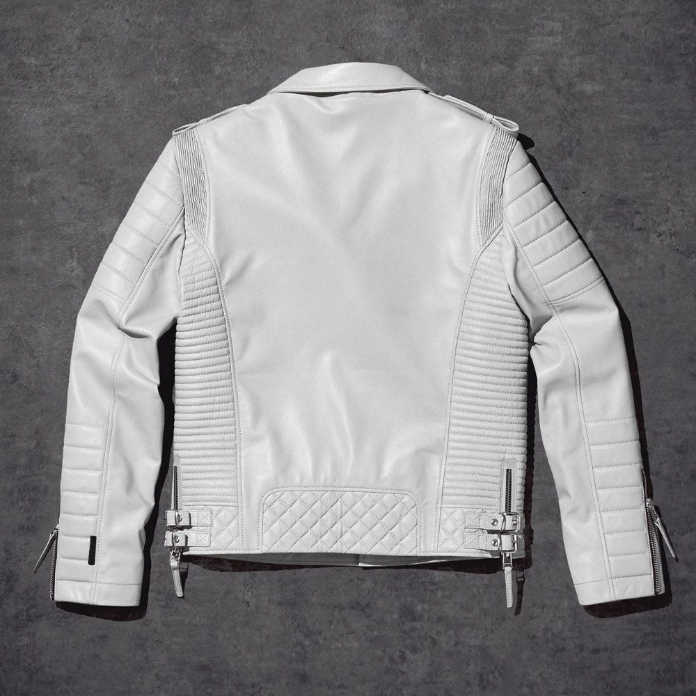 Chaqueta de cuero para motociclista para hombre Blanco Perla - Edición Moto Iridiscente | Prenda de cuero plena flor