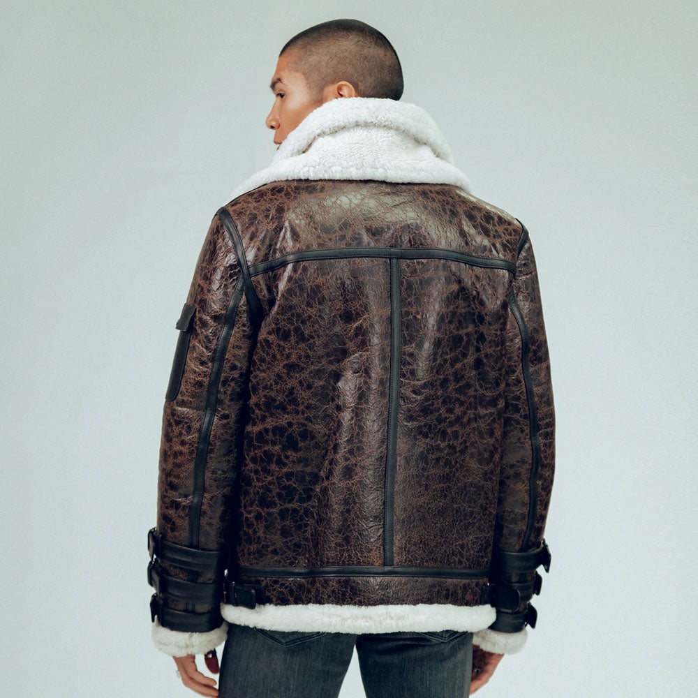 Men’s Double Tone Brown Shearling Aviator Leather Jacket | Full Grain Apparel