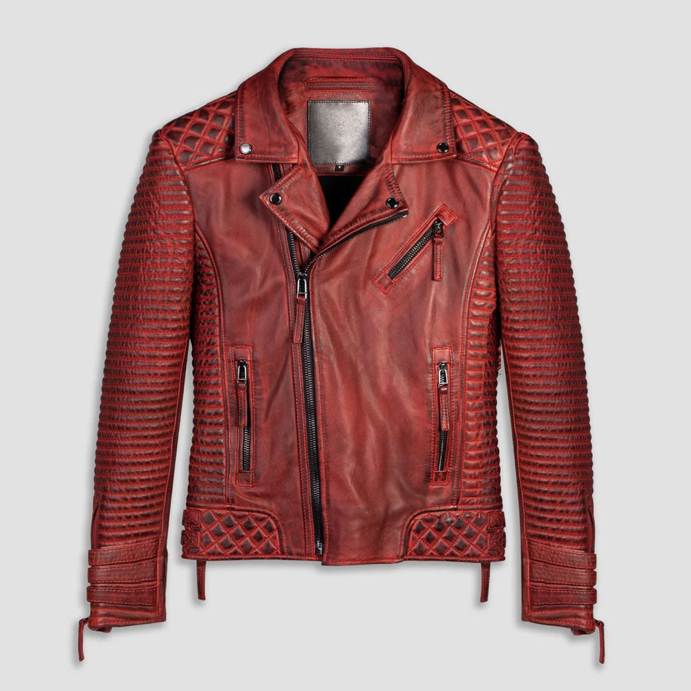 Men’s Red Waxed Biker Leather Motorcycle Jacket | Full Grain Apparel
