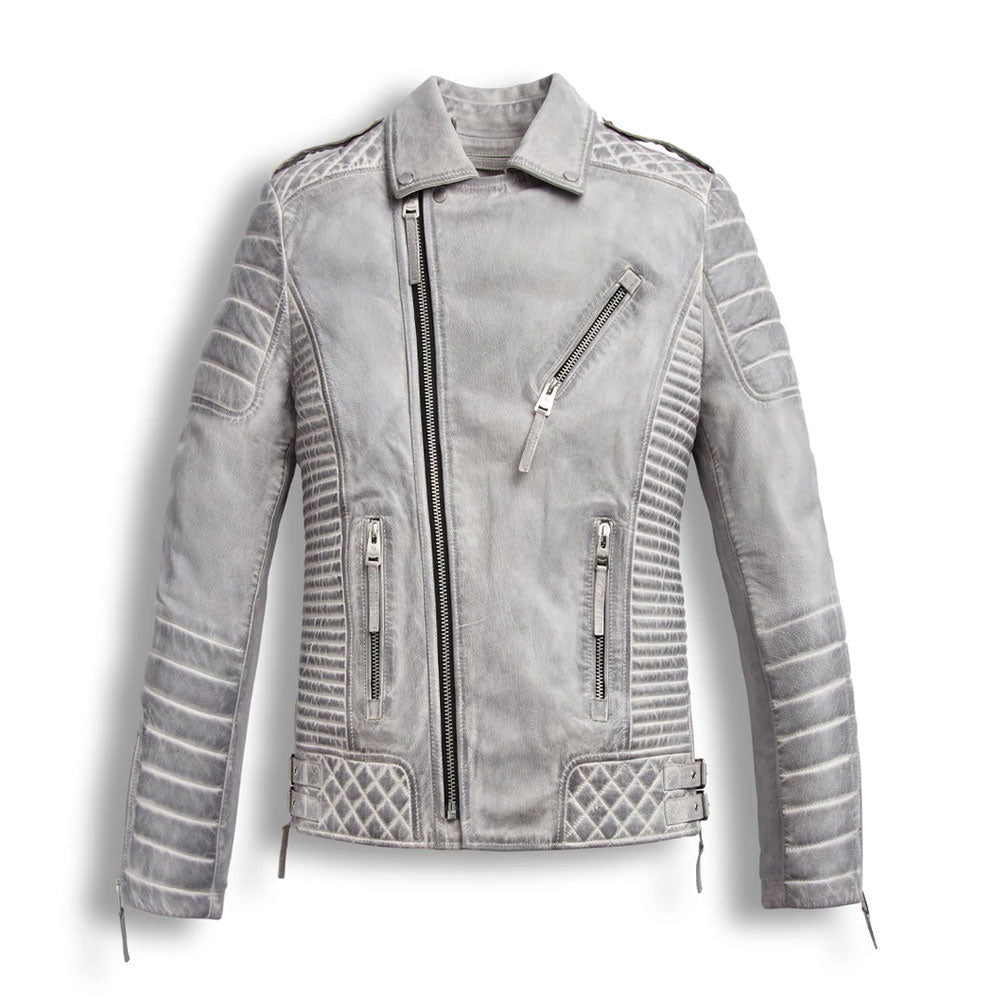 Men’s Chrome White Waxed Biker Leather Motorcycle Jacket | Full Grain Apparel