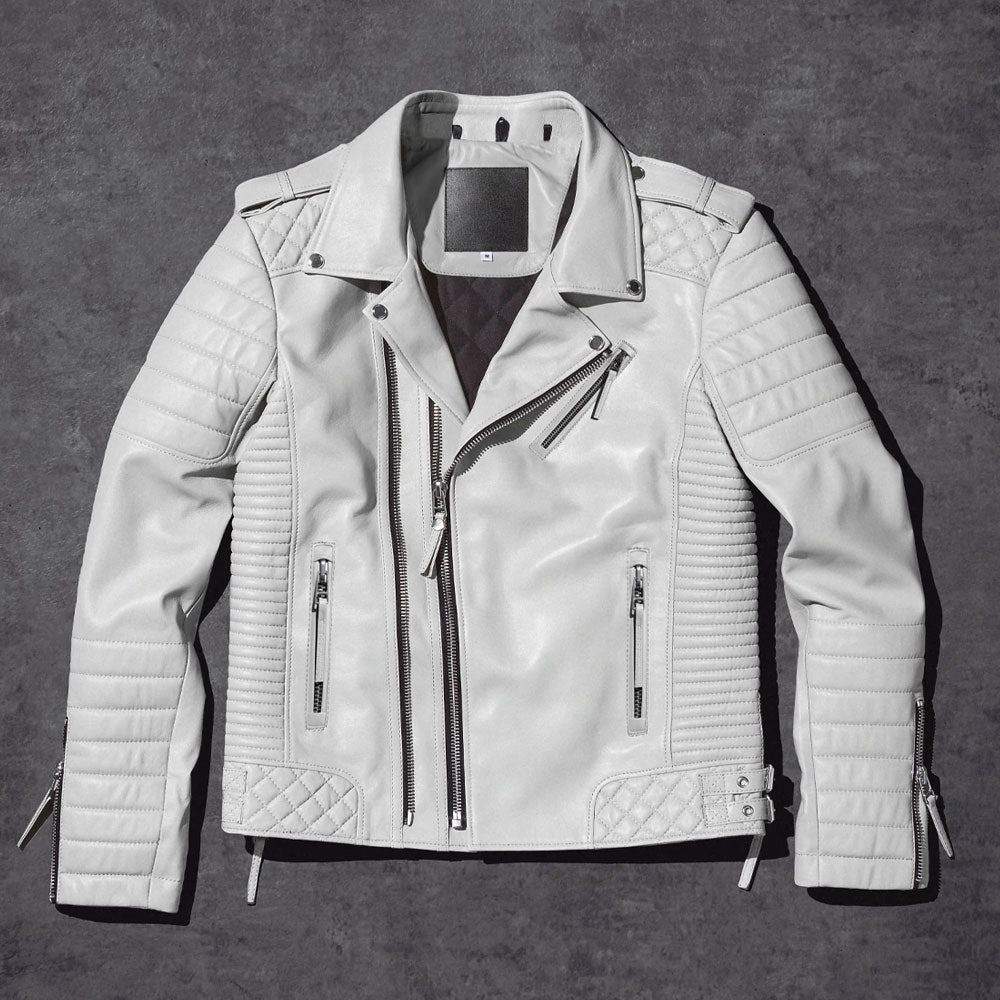Men’s White Pearl Biker Leather Jacket - Iridescent Moto Edition | Full Grain Apparel