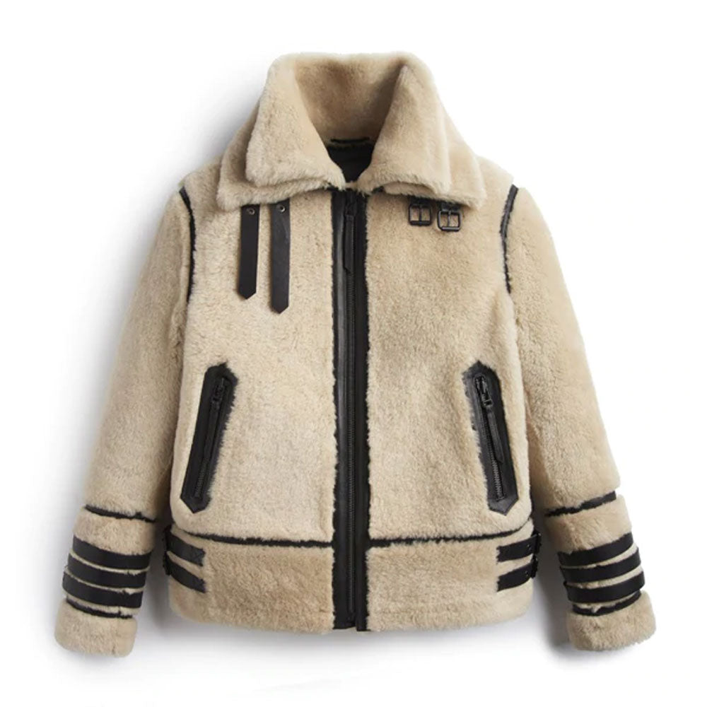 Men’s Off-White Shearling Leather Jacket with Racing Stripes | Full Grain Apparel