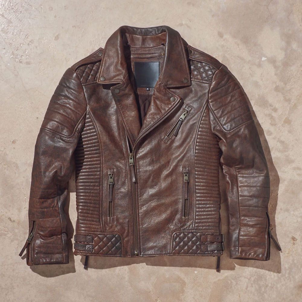 Men’s Waxed Brown Biker Leather Jacket - Vintage Roadster Edition | Full Grain Apparel