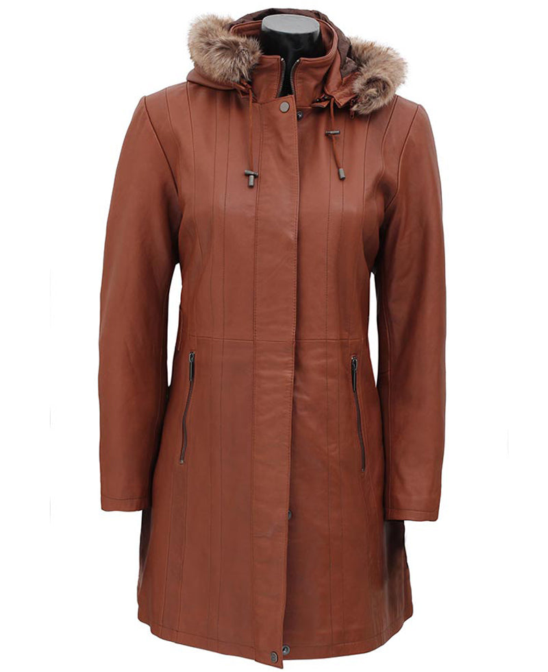 Women’s Brown Leather Coat | 3/4 Length with Removable Fur Hood | Full Grain Apparel