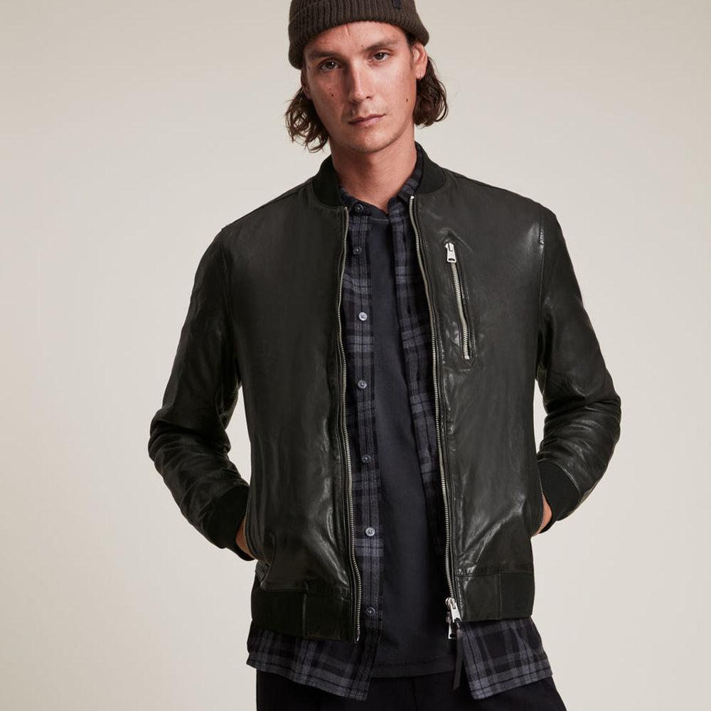 Men’s Black Lambskin Leather Bomber Jacket | Full Grain Apparel