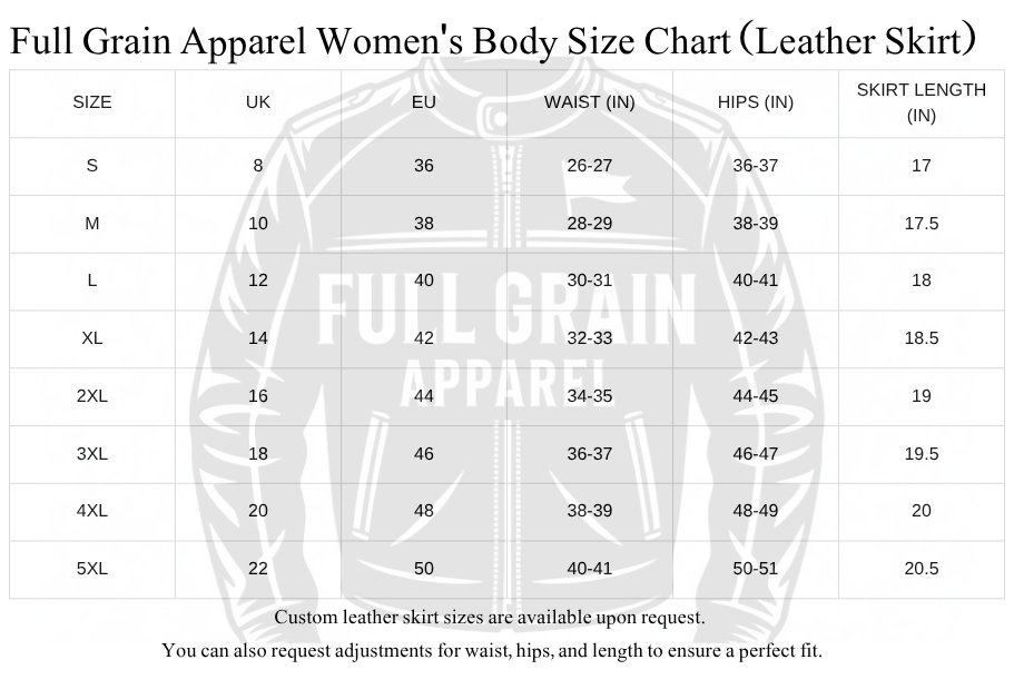 Full Grain Apparel women's leather skirt size chart with measurements.