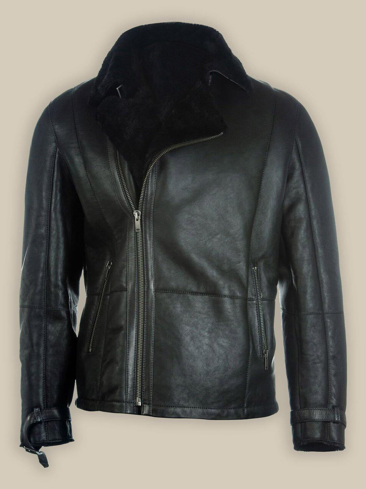 Men’s Pure Black B3 Shearling Bomber Leather Jacket | Rugged Winter Elite | Full Grain Apparel
