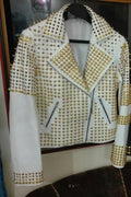 Men’s White Steampunk Leather Jacket | Gold Studded Punk Rocker | Full Grain Apparel