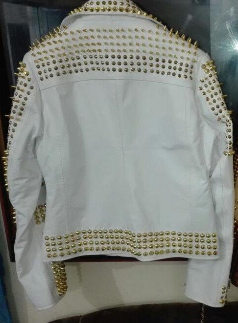 Men’s White Steampunk Leather Jacket | Gold Studded Punk Rocker | Full Grain Apparel