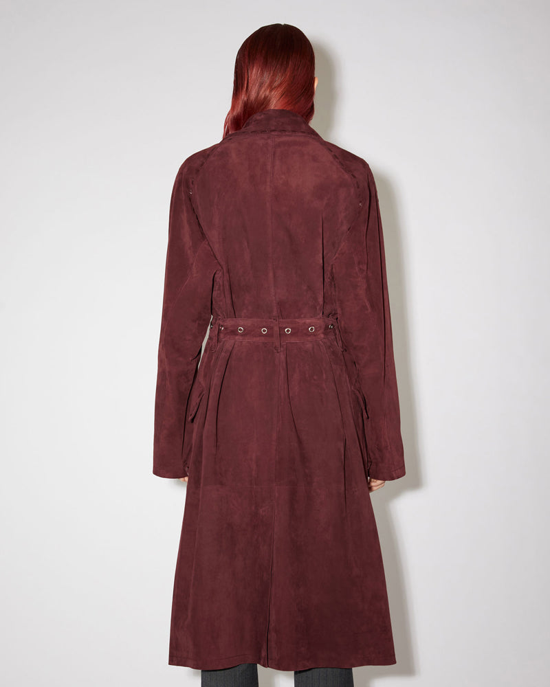 Women’s Maroon Suede Leather Long Duster Trench Coat | Full Grain Apparel
