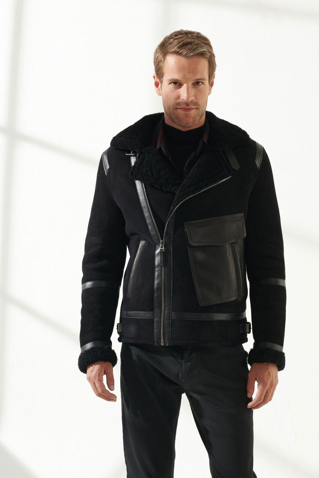 Men’s Aviator Black Shearling Jacket | Classic Pilot Style | Full Grain Apparel
