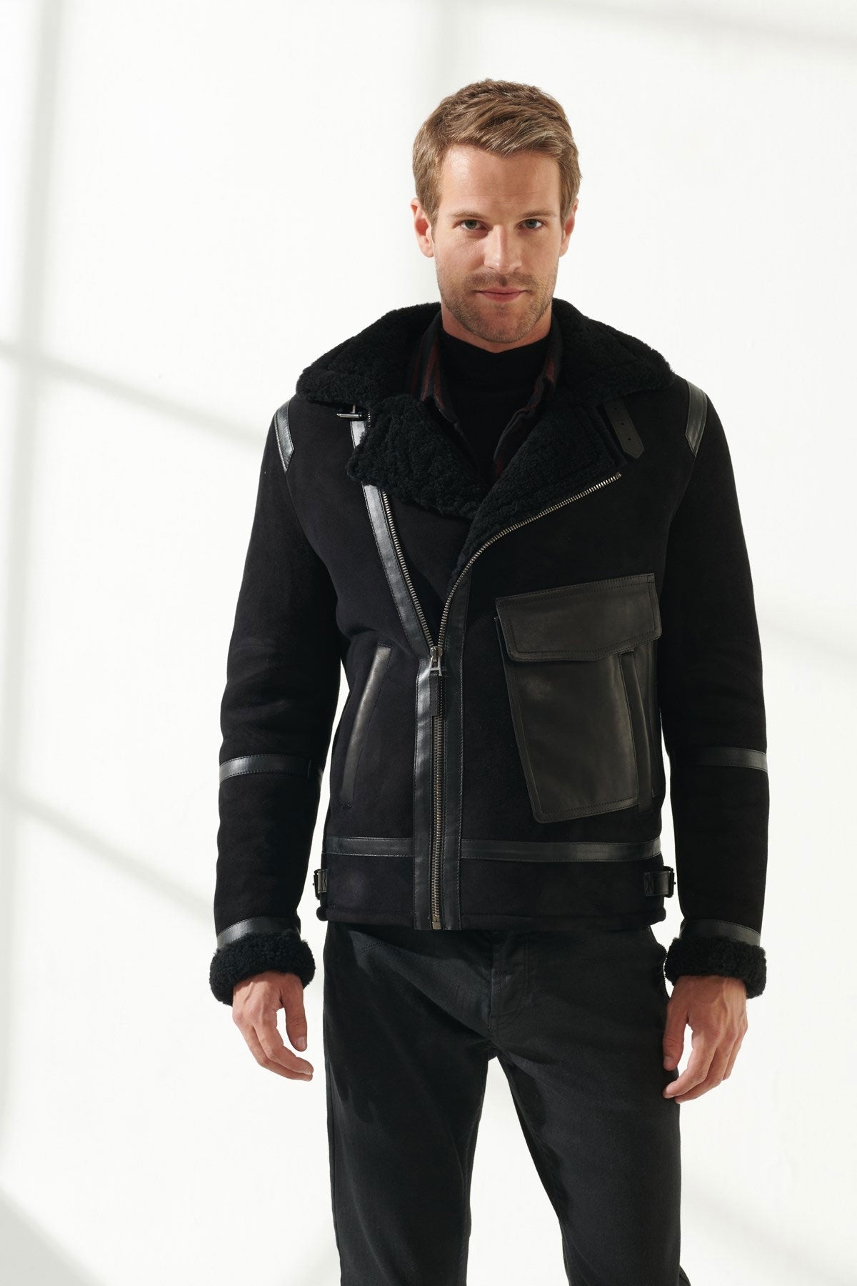 Men’s Aviator Black Shearling Jacket | Classic Pilot Style | Full Grain Apparel