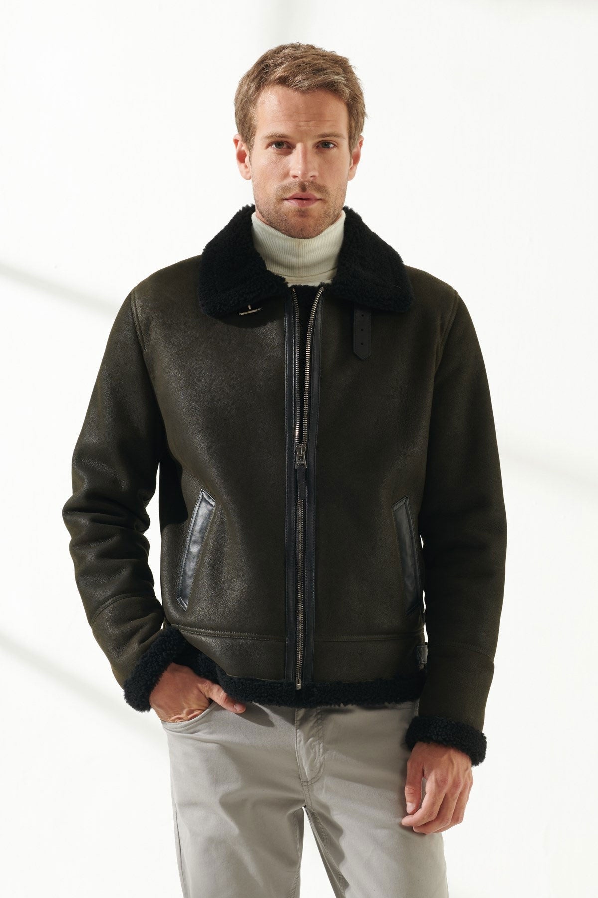 Men’s Aviator Dark Green Shearling Jacket | Full Grain Apparel