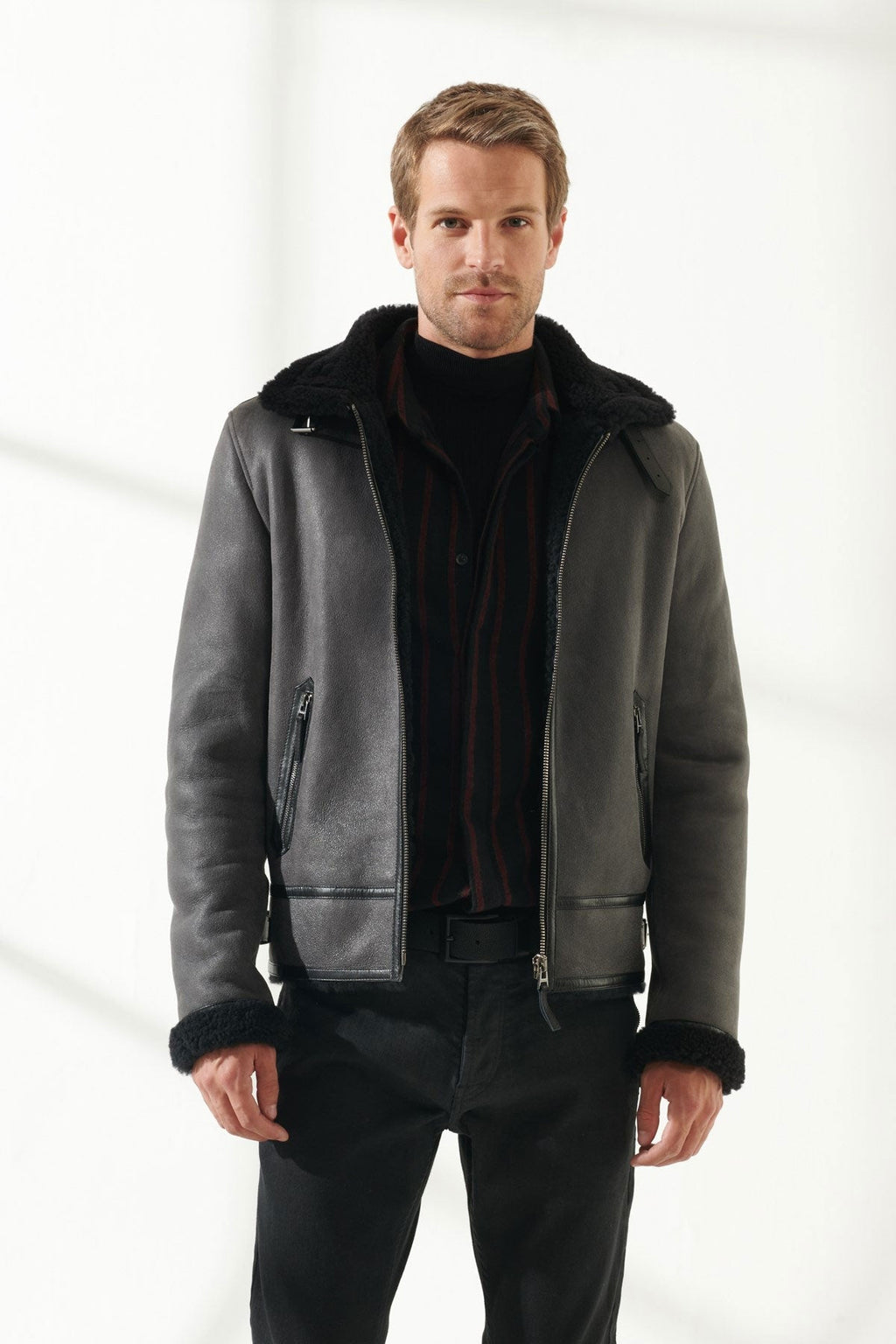Men’s Aviator Grey Shearling Jacket | Classic Pilot Style | Full Grain Apparel