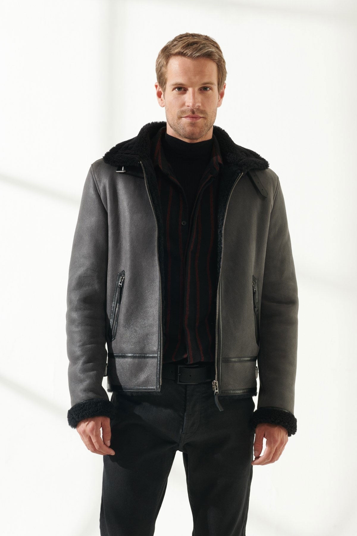Men’s Aviator Grey Shearling Jacket | Classic Pilot Style | Full Grain Apparel