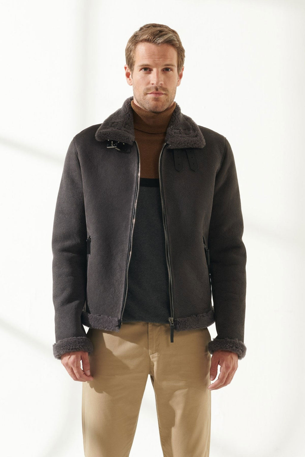 Men’s Aviator Grey Shearling Jacket | Classic Pilot Style | Full Grain Apparel