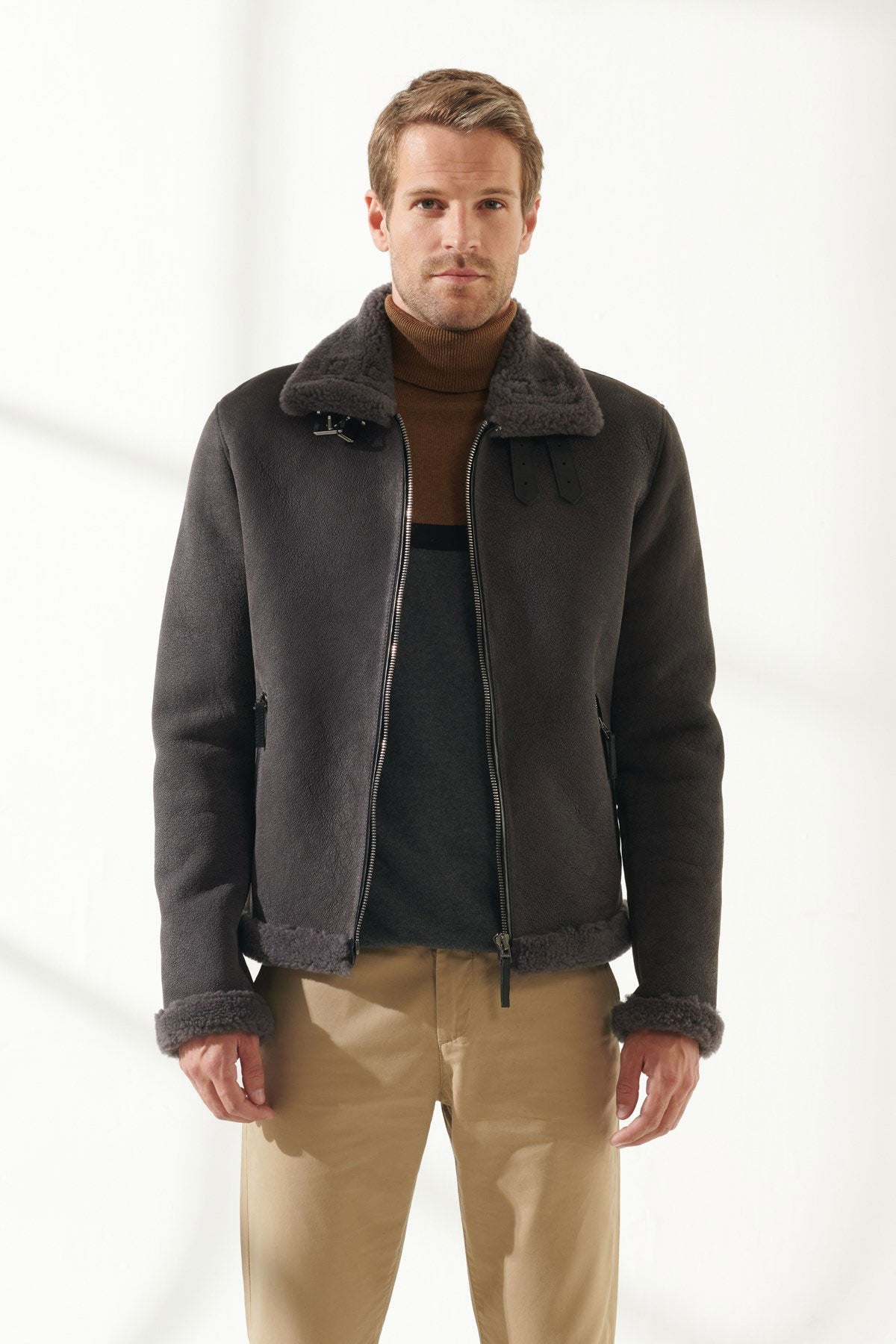 Men’s Aviator Grey Shearling Jacket | Classic Pilot Style | Full Grain Apparel
