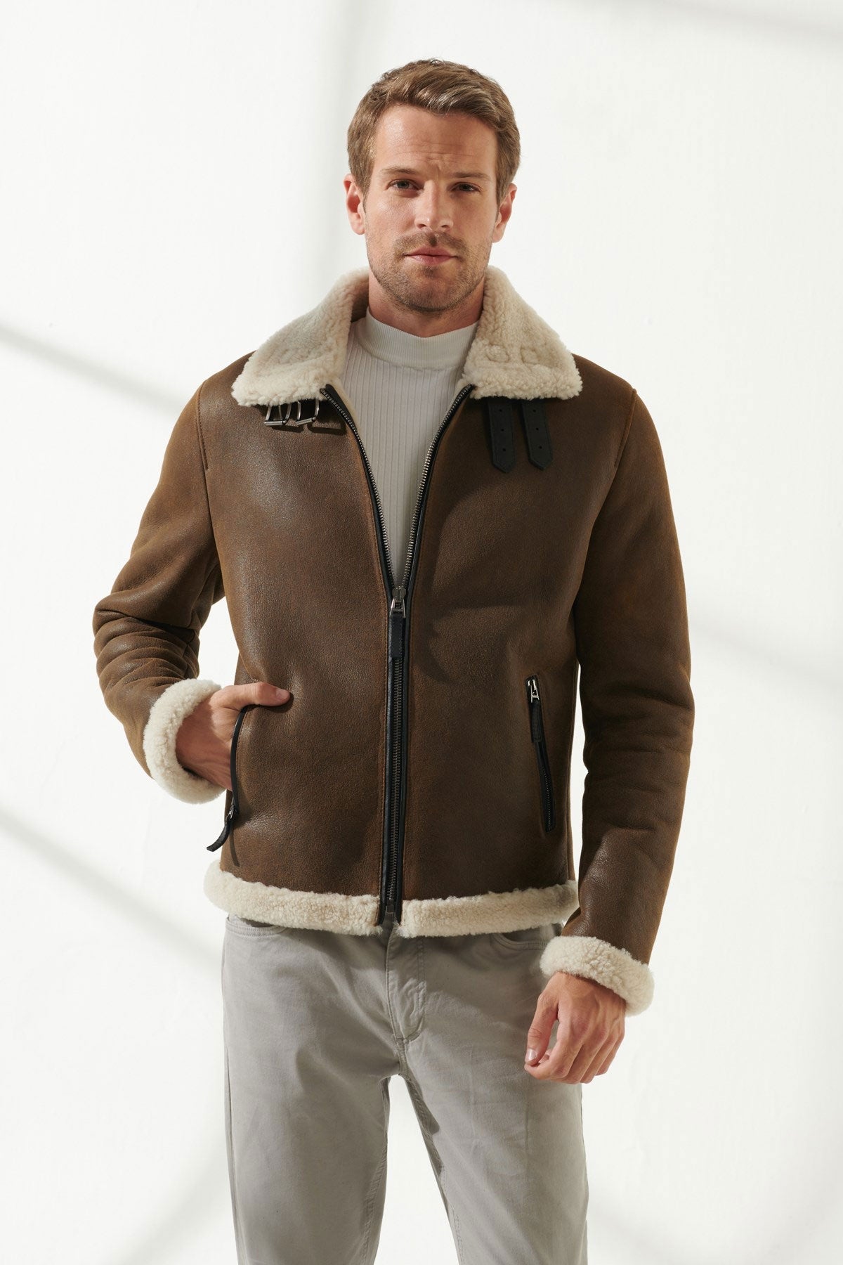 Men’s Aviator Tan & Off-White Shearling Jacket | Full Grain Apparel