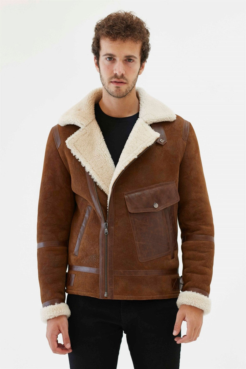 Men’s Aviator Tan & Off-White Shearling Jacket | Full Grain Apparel