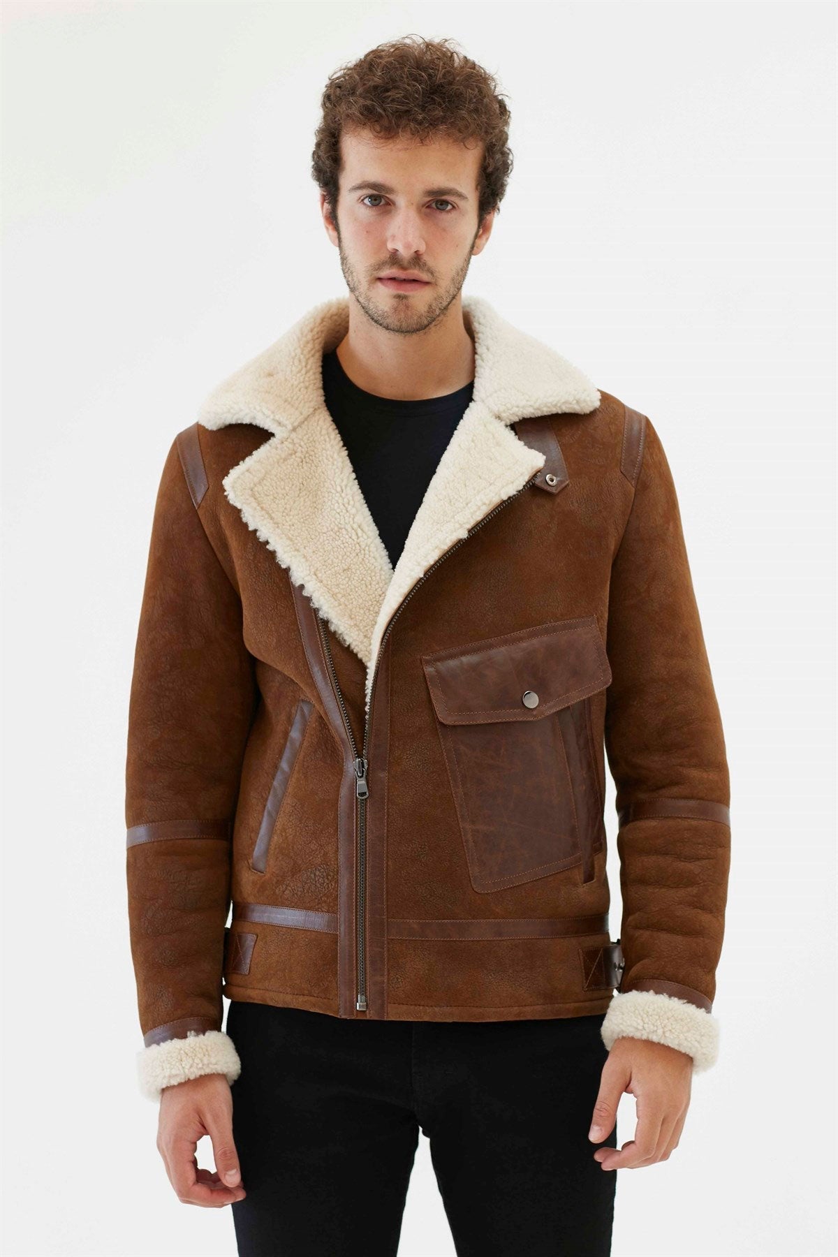 Men’s Aviator Tan & Off-White Shearling Jacket | Full Grain Apparel
