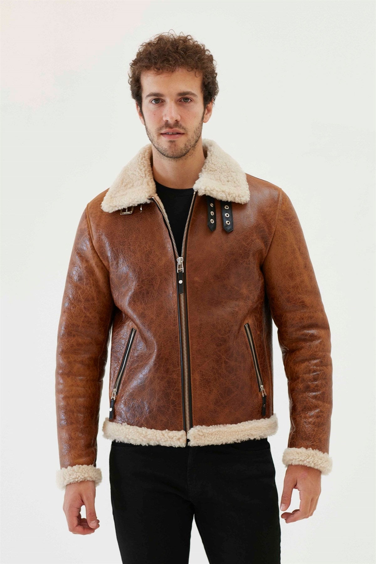 Men’s Aviator Tan & Off-White Shearling Jacket | Full Grain Apparel