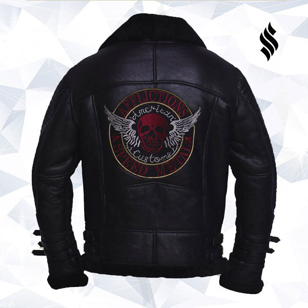 Men’s Black Biker Shearling Jacket | Rugged Moto-Aviator Hybrid | Full Grain Apparel