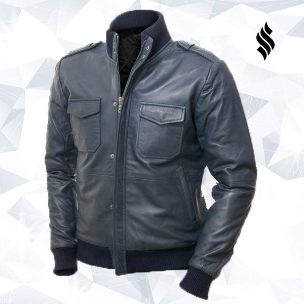 Men’s Cobalt Blue Bomber Leather Jacket | The "Skyline" Edition | Full Grain Apparel