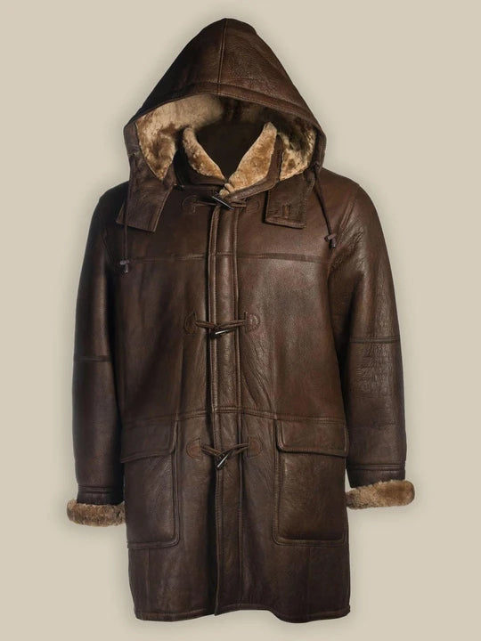 Men’s Brown Shearling Bomber Hoodie Coat | Rugged Winter Parka | Full Grain Apparel