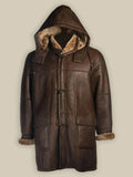 Men’s Brown Shearling Bomber Hoodie Coat | Rugged Winter Parka | Full Grain Apparel