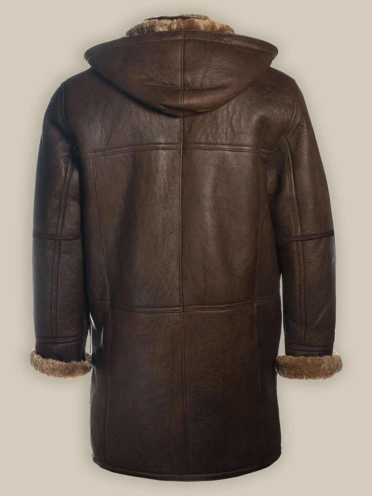 Men’s Brown Shearling Bomber Hoodie Coat | Rugged Winter Parka | Full Grain Apparel