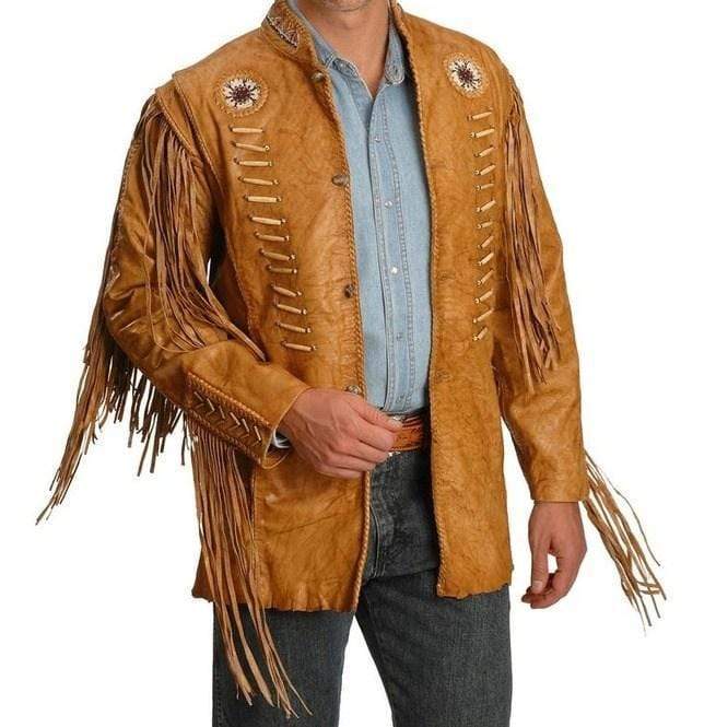 Men’s Tan Western Style Fringe Leather Jacket | Full Grain Apparel