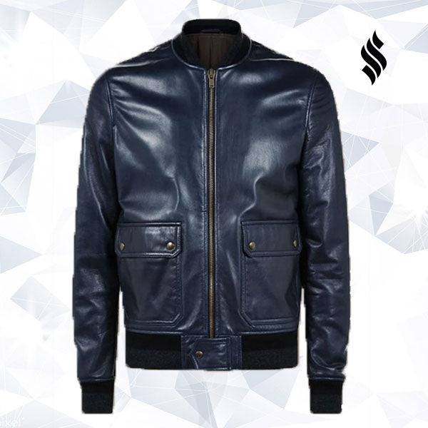 Men’s Navy Blue Leather Bomber Jacket | Modern Naval Heritage | Full Grain Apparel
