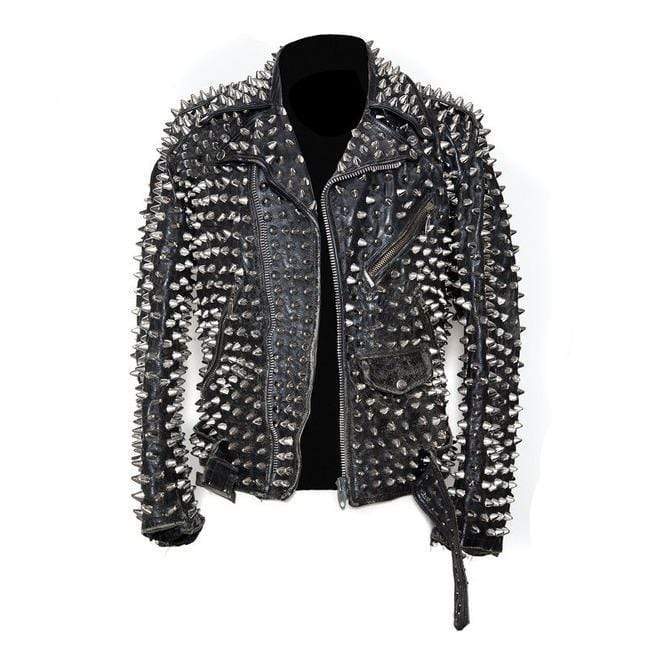 Men’s Silver Studded Long Spike Brando Rocker Jacket | Full Grain Apparel