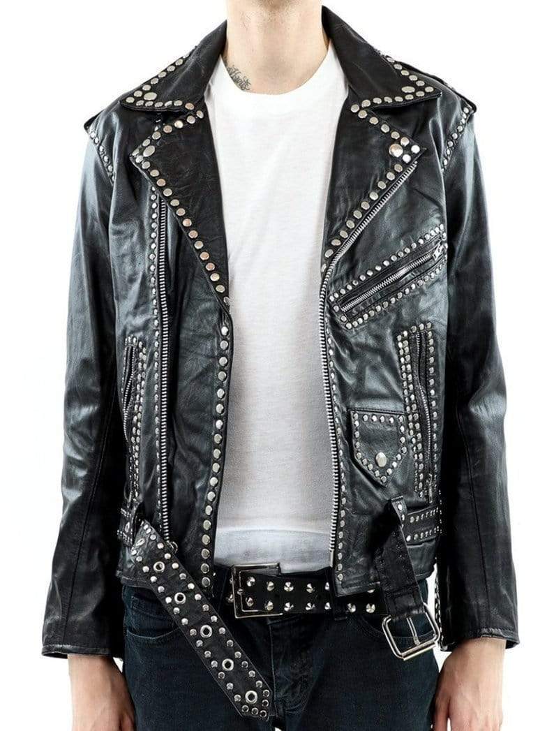 Men’s Black Silver Spiked Studded Leather Biker Jacket | Full Grain Apparel